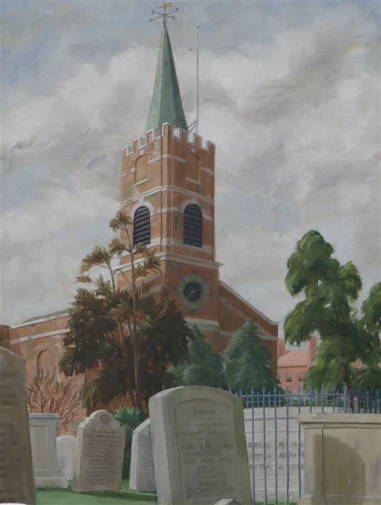 P Chandra De, Indian artist (work in government art collection), oil on canvas, View of The Old Church, 61 x 41cm, unframed